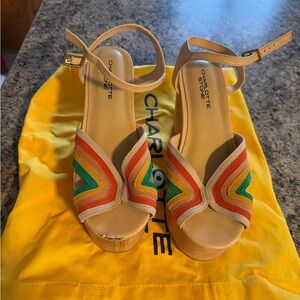 Charlotte Stone Tan Platform Sandals with Rainbow Striped Upper